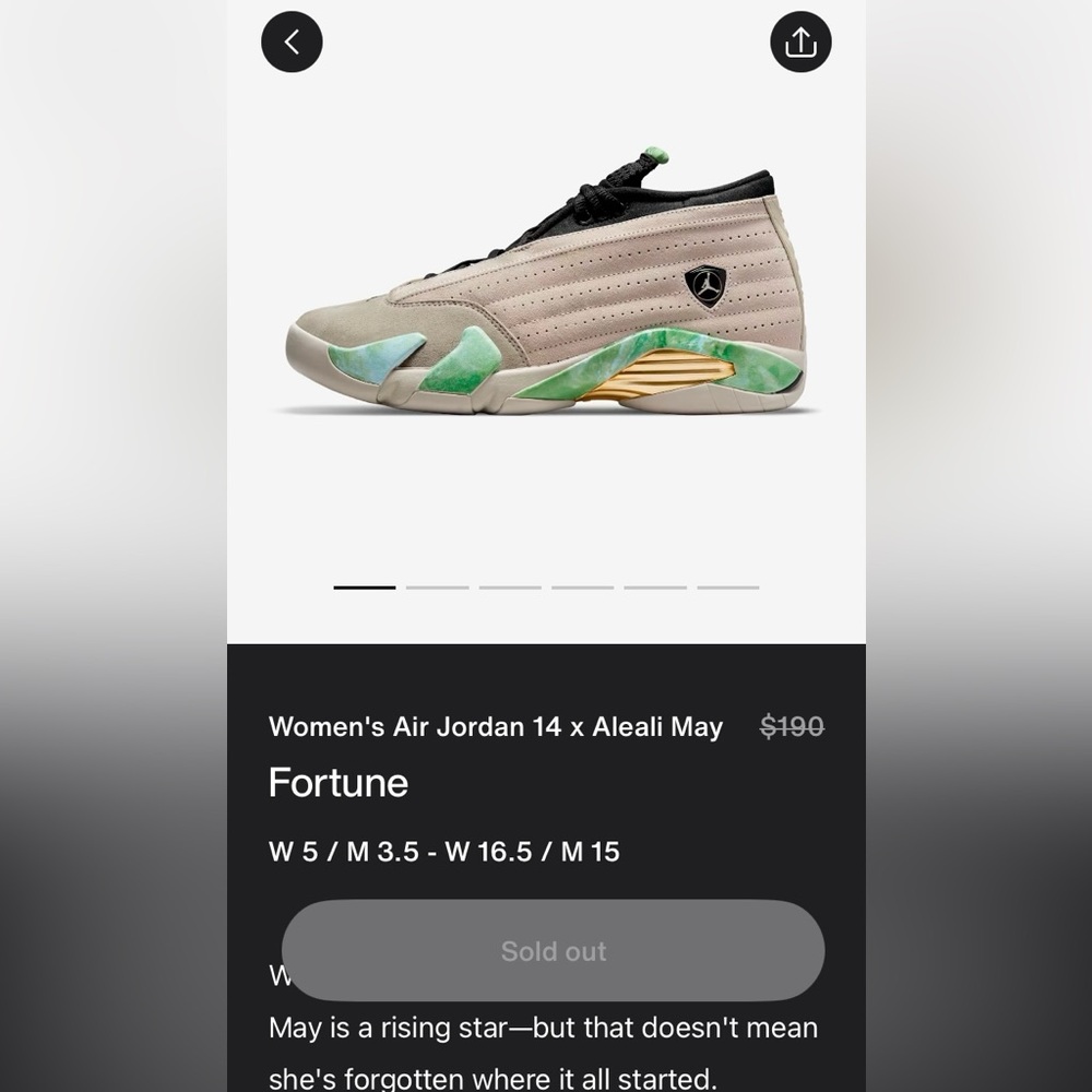Women's Air Jordan 14 x Aleali May - Fortune - Tan and Green, Size 6.5 W